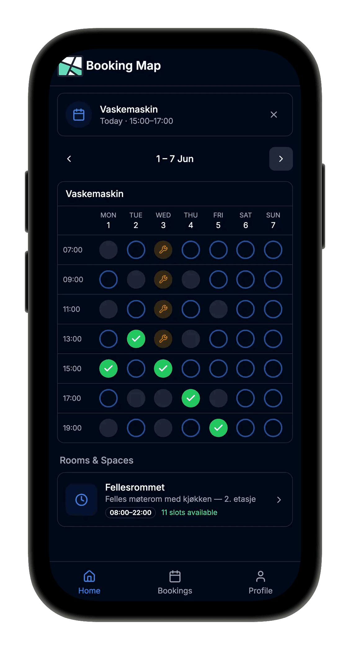 Booking Map-appen som viser ukentlig bookingvisning med vedlikehold