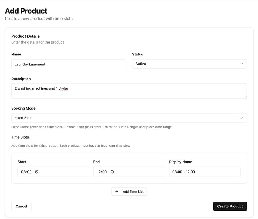 Booking Map admin dashboard showing resource creation form with fields for configuring bookable rooms, equipment, and vehicles