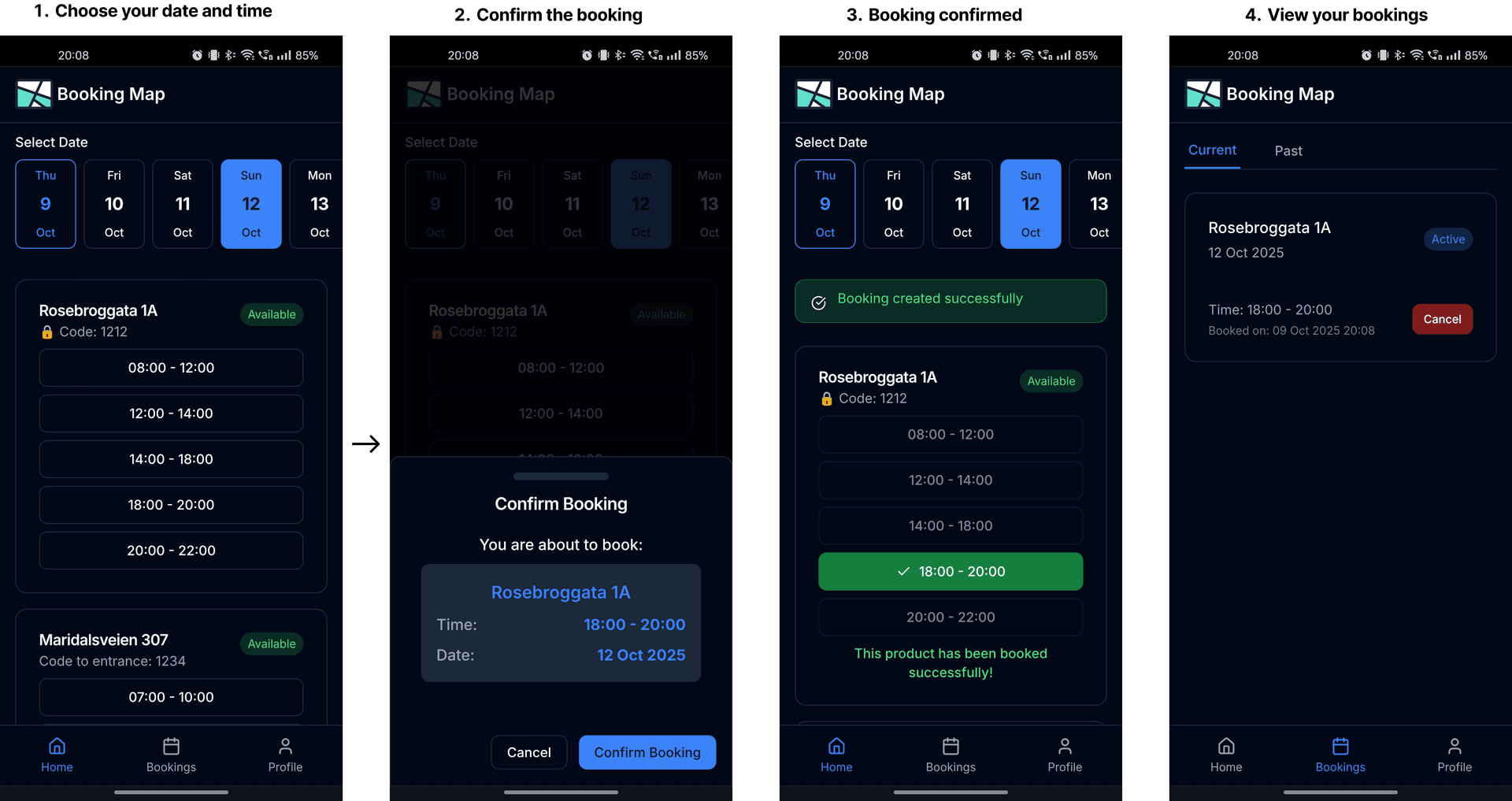 Booking Map calendar interface displaying available time slots, resource availability, and intuitive booking process for meeting rooms and equipment