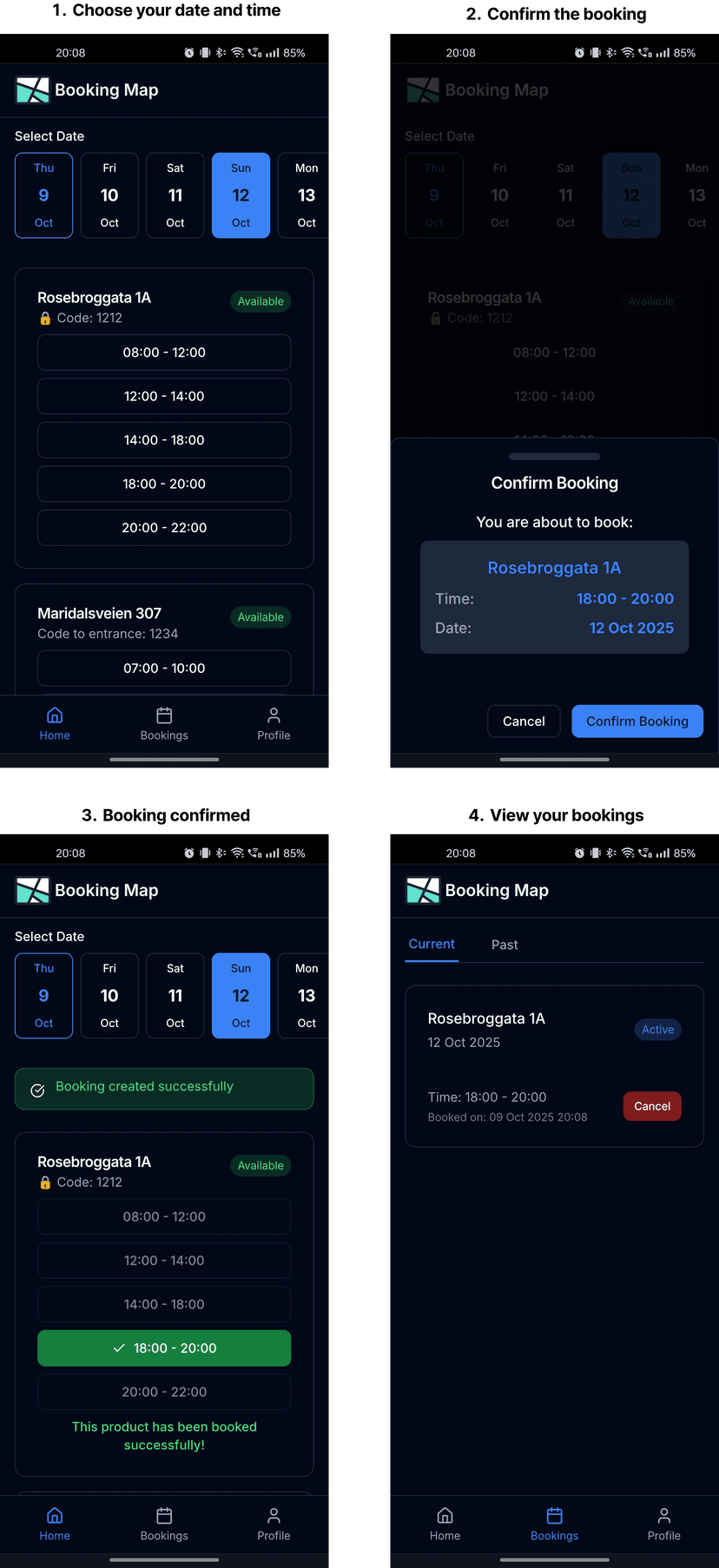 Booking Map calendar interface displaying available time slots, resource availability, and intuitive booking process for meeting rooms and equipment