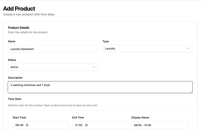 Booking Map admin dashboard showing resource creation form with fields for configuring bookable rooms, equipment, and vehicles