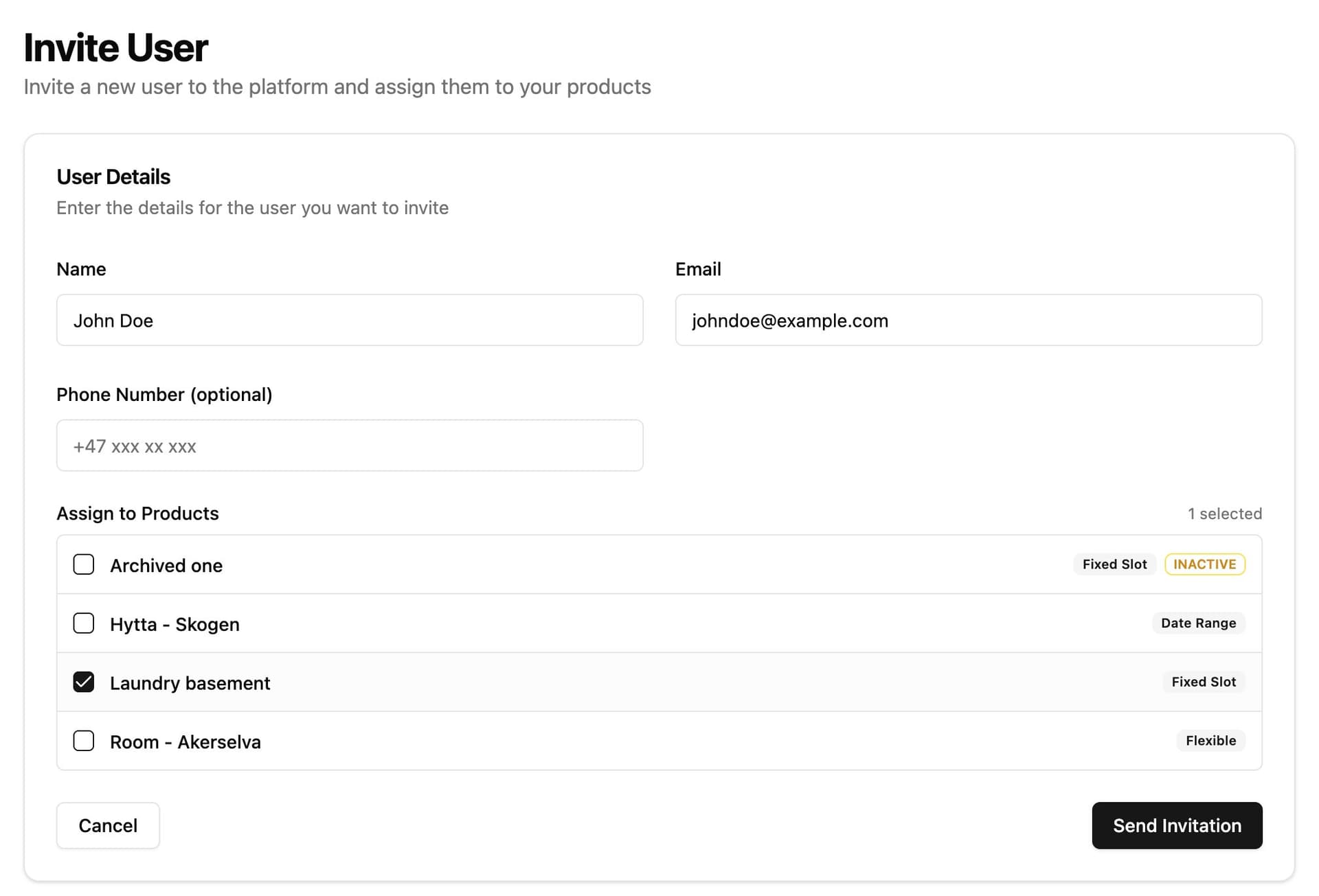 User invitation and assignment interface in Booking Map showing how administrators assign booking permissions and access rights to team members