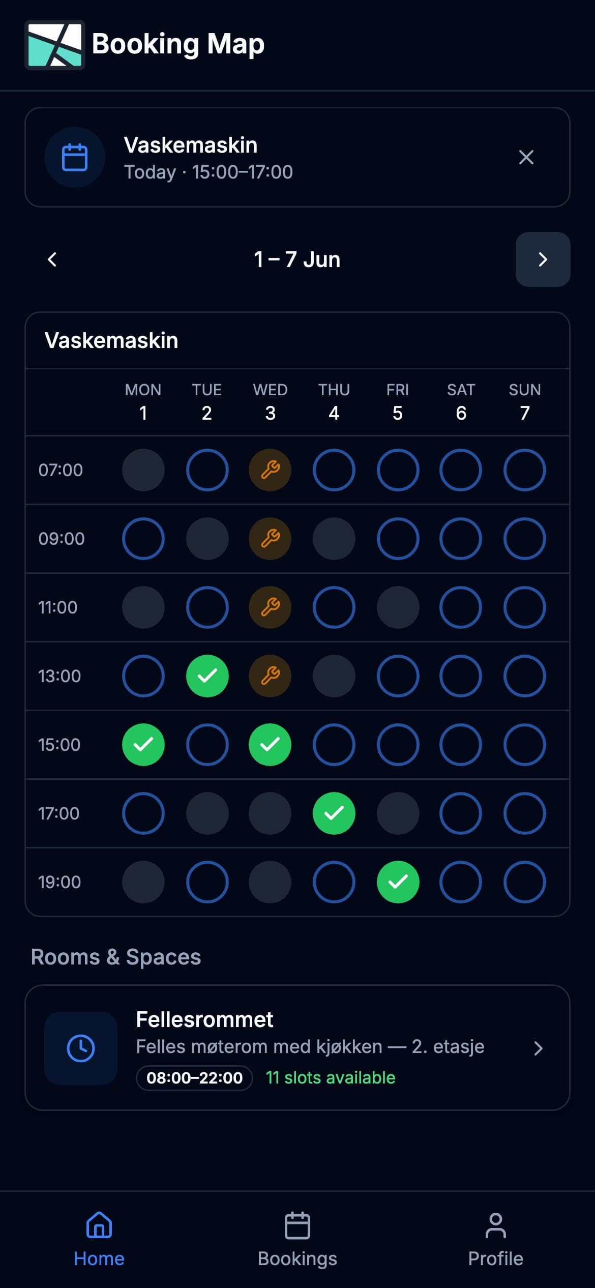 Booking Map calendar interface displaying available time slots, resource availability, and intuitive booking process for meeting rooms and equipment